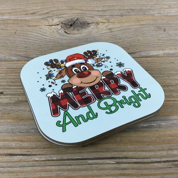 Merry and Bright Reindeer Christmas Coasters Set of 4 - Picture 7 of 8